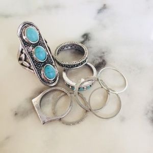 Set of 9 Silver & Turquoise Rings